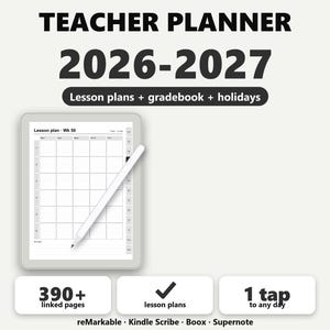 Agenda docente reMarkable 2026-2027 EE. UU. | Programación de clases, notas y asistencia para Kindle Scribe e-ink + pegatinas