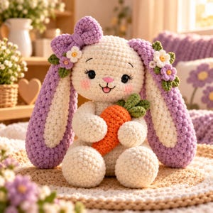 Crochet Blossom Bunny Pattern PDF | Amigurumi Lop-Ear Rabbit with Floral Bow & Carrot | Intermediate | 3 Sizes, 11 in Tall