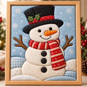 May include: A framed fabric wall art piece featuring a snowman with a black top hat, a red and white striped scarf, and three black buttons. The snowman has a carrot nose and brown stick arms, set against a light blue background with white snowflakes.