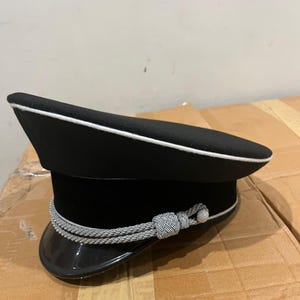 Black Wool Officer Cap – White Piping, Silver Cord, Leather Visor (Historical Reproduction)