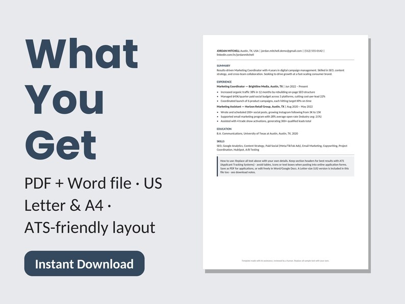 ATS Resume Template | Clean One-Page CV | Editable Word and Google Docs | Instant Download | Modern Minimalist image 3