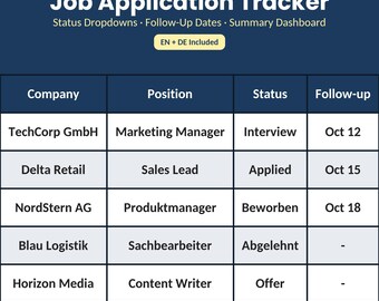 Job Application Tracker Spreadsheet Excel | Application Tracker DE + EN | Status Dropdowns, Follow-Up Dates, Dashboard