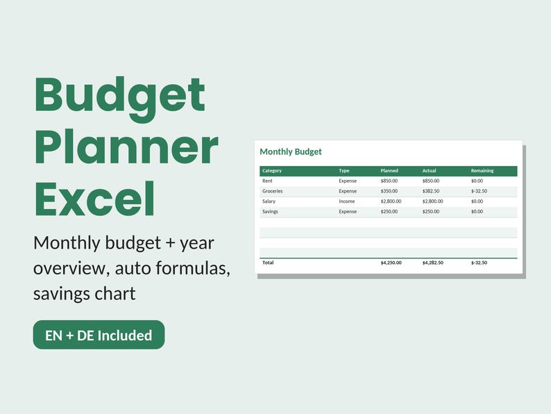 予算プランナーExcelテンプレート（英語＋ドイツ語）｜月間家計予算スプレッドシート｜予算帳Excel｜自動計算式貯蓄チャート 画像 1