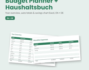 Libro contabile familiare Excel DE + Pianificatore di budget EN | Modello di foglio di calcolo per il budget mensile | Grafico di monitoraggio entrate/uscite e risparmi