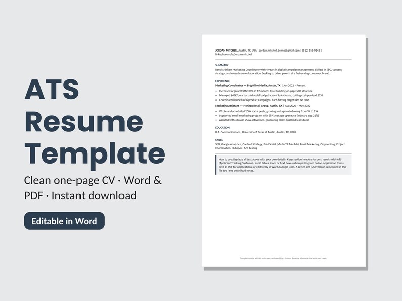 ATS Resume Template | Clean One-Page CV | Editable Word and Google Docs | Instant Download | Modern Minimalist image 2