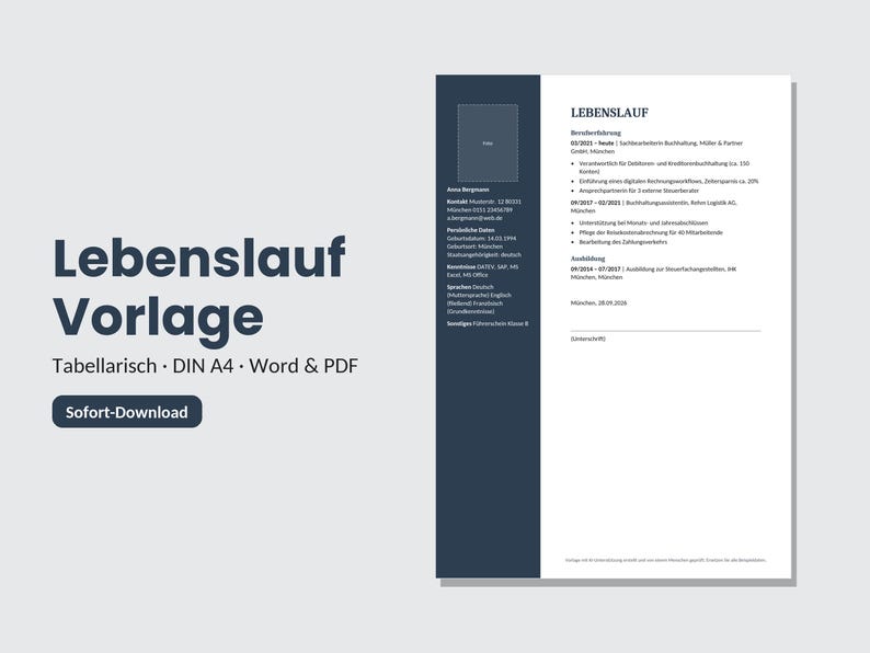 German CV Template | Tabular CV | Word & PDF | Instant Download | Classic Application Design image 3