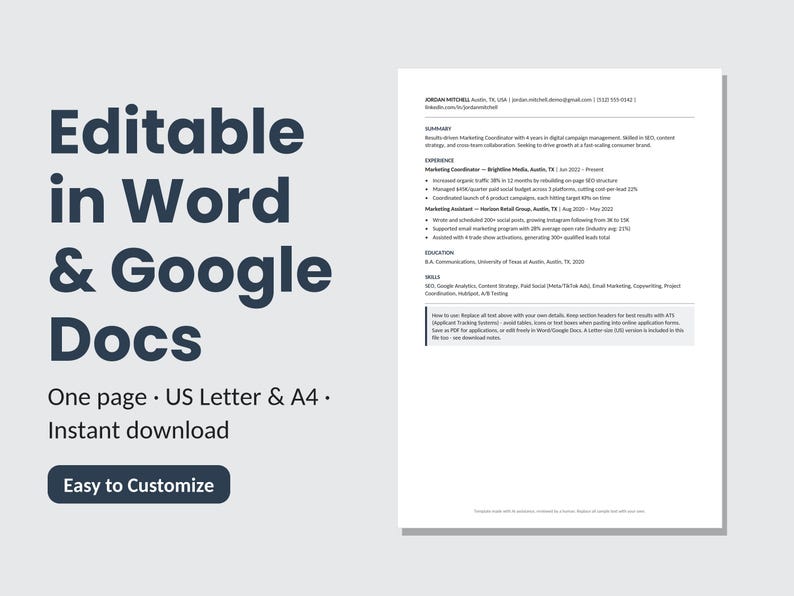 ATS Resume Template | Clean One-Page CV | Editable Word and Google Docs | Instant Download | Modern Minimalist image 5