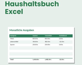 Household book Excel DE + Budget Planner EN | Monthly Budget Spreadsheet Template | Income Expense Tracker Savings Chart