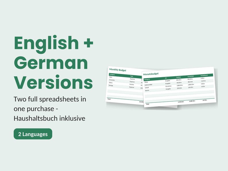 予算プランナーExcelテンプレート（英語＋ドイツ語）｜月間家計予算スプレッドシート｜予算帳Excel｜自動計算式貯蓄チャート 画像 3