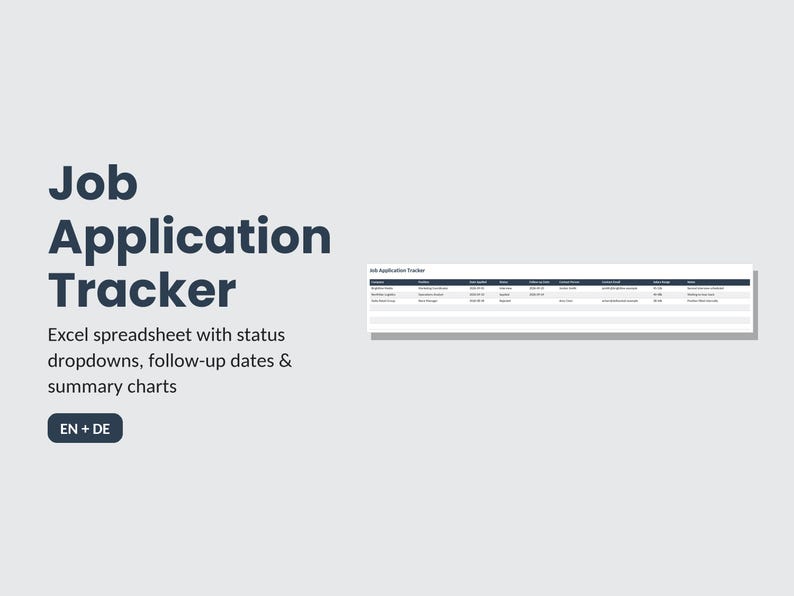 Job Application Tracker Spreadsheet EN + DE | Excel Application Tracker | Status dropdowns, follow-up dates, summary dashboard image 1