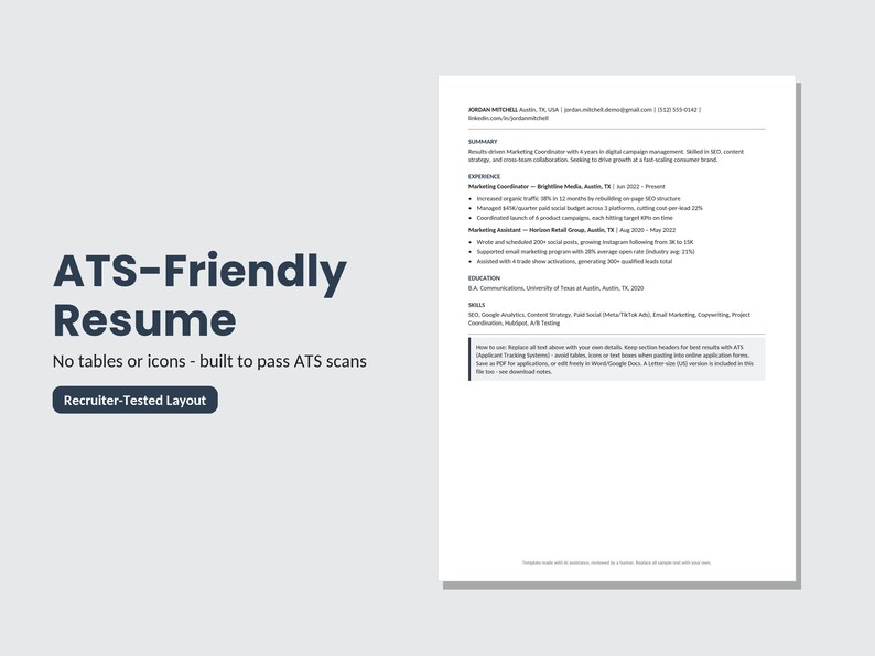 ATS Resume Template | Clean One-Page CV | Editable Word and Google Docs | Instant Download | Modern Minimalist image 4