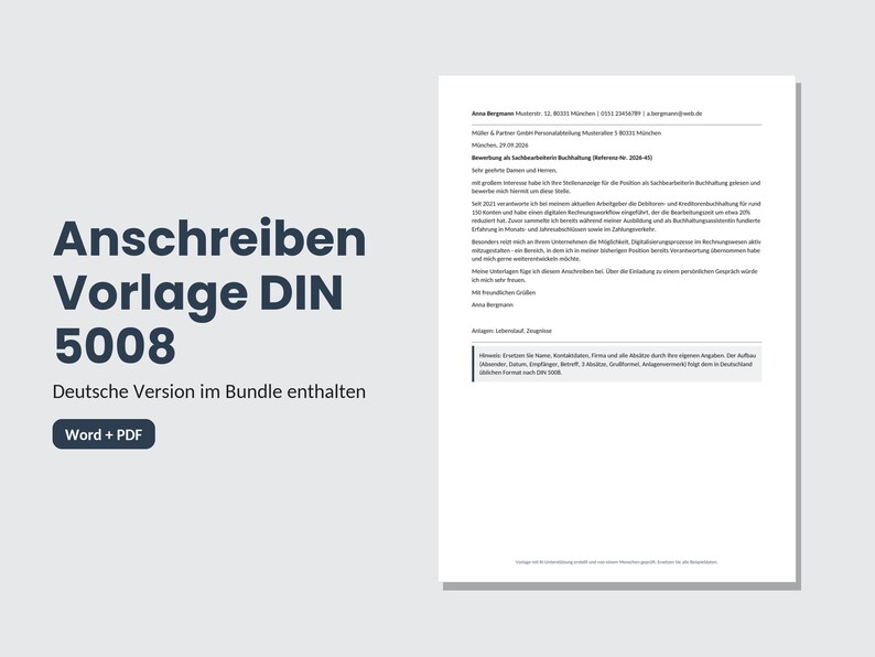 Modello di lettera di presentazione (Word DE + EN) con frase bonus | Design moderno e modificabile | DIN 5008 immagine 3