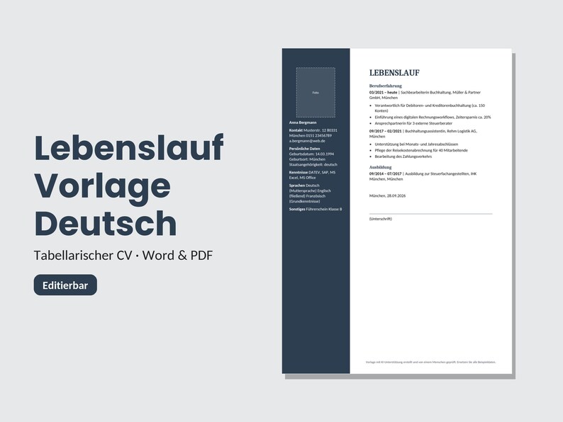 German CV Template | Tabular CV | Word & PDF | Instant Download | Classic Application Design image 6