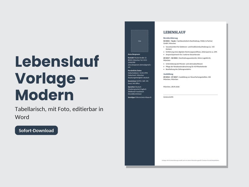German CV Template | Tabular CV | Word & PDF | Instant Download | Classic Application Design image 1