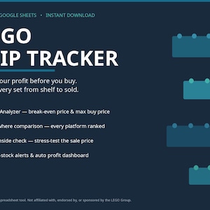 May include: A digital LEGO Flip Tracker spreadsheet tool for Excel and Google Sheets on a dark blue background. The text reads LEGO FLIP TRACKER, Know your profit before you buy, Track every set from shelf to sold, and lists four key features.