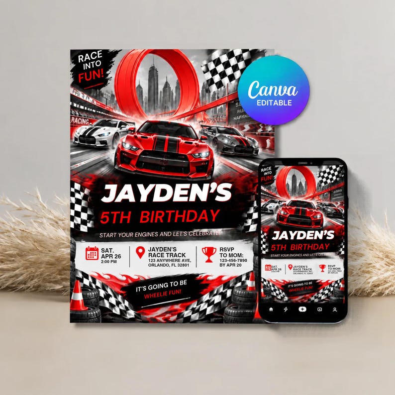 Hot Wheels Birthday Invitation Canva Template, Racing Car Party Invite ...