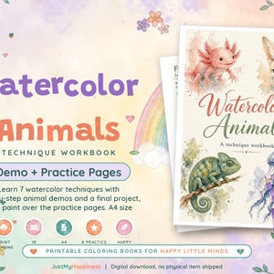 以下が含まれることがあります： アホロートル、フェネック、カメレオン、クラゲが表紙に描かれた水彩動物テクニックワークブック。テキストには「Watercolor Animals A technique workbook」、「Demo + Practice Pages」、「Learn 7 watercolor techniques」と記載されています。