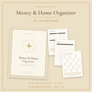 Peut inclure: Un organisateur imprimable Money & Home Organizer pour 2027 et au-delà par Yumi Hana Studio. L'ensemble comprend une page de couverture avec une icône d'étoile et trois pages intérieures avec un budget mensuel, un suivi des factures.