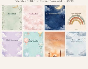 Islamic Nursery Wall Art Set of 8, Muslim Baby Room Decor Prints, Bismillah Mashallah Printable, Islamic Nursery Decor, Instant Download