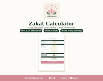Zakat Calculator Spreadsheet Excel, Islamic Zakat Calculator with Automatic Nisab Checker, Ramadan Zakat Worksheet for Google Sheets