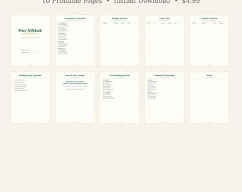 Nikkah bröllopsplanerare utskrivbar, muslimsk bröllopsplanerare, islamisk brudplanerare, bröllopsbudgetspårare, Nikkah-checklista, direktnedladdning
