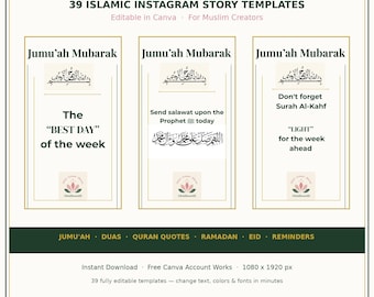 Szablony islamskich historii na Instagramie, 39 edytowalnych szablonów Canva, muzułmański cytat z Jumuah Dua w Koranie, pakiet historii na Ramadan Eid dla twórców