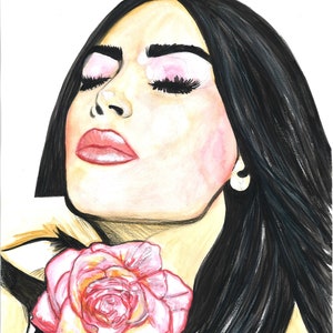 Kim Kardashian Portrait of Woman with Flower Painting of Kim Kardashian Fashion Illustration Wall Art for Her Gift Idea for Her Watercolor