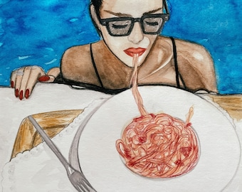 Pastameisje aan het zwembad: mode-illustratie aquarel kunstafdruk