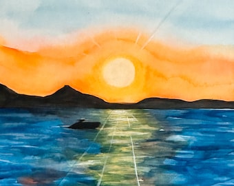 オリジナルのビーチの夕日の絵画、航海をテーマにした壁掛けアート