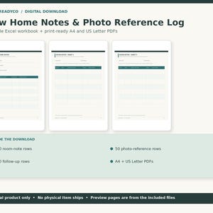 Pode incluir: Um registo digital de notas e referências fotográficas para a nova casa, incluindo um livro de Excel editável e PDFs prontos a imprimir em A4 e US Letter. O download inclui 80 linhas de notas, 30 linhas de seguimento e 50 linhas de fotos.