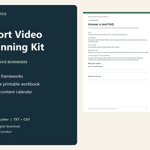 May include: A digital Short Video Planning Kit for service businesses featuring a dark blue cover with white text listing 8 script frameworks, a 13-page printable workbook, and a 12-slot content calendar, alongside a white page with black text.