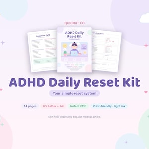 May include: An ADHD Daily Reset Kit digital planner set featuring 14 pages in US Letter and A4 sizes. The kit includes a cover page with a cartoon illustration, a Dopamine Cafe sheet, and a Daily Reset Sheet, all in a light purple and white color scheme.