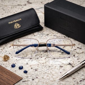 May include: Maybach spectacles featuring a gold-tone metal frame with blue temple tips. The lenses are clear with the Maybach logo printed on the right side. Included are a black leather case, a black box, a metal pen, and three small blue stones.