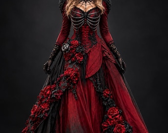 Gothic Skeleton Witch Dress, Red Black Rose Maxi Gown, Halloween Costume (Includes Hat)