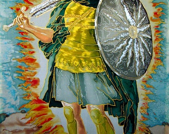 Handpainted ORIGINAL batik 100%silk Painting warrior from God motives classic engraving.