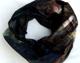 Hand Painted 100%Silk black shawl Butterfly.Silk Scarf. Original batik.