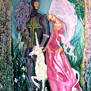 Original Silk batik handpainted painting Virgin and Unicorn. image 1