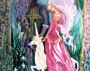 Original Silk  batik handpainted  painting Virgin and Unicorn.