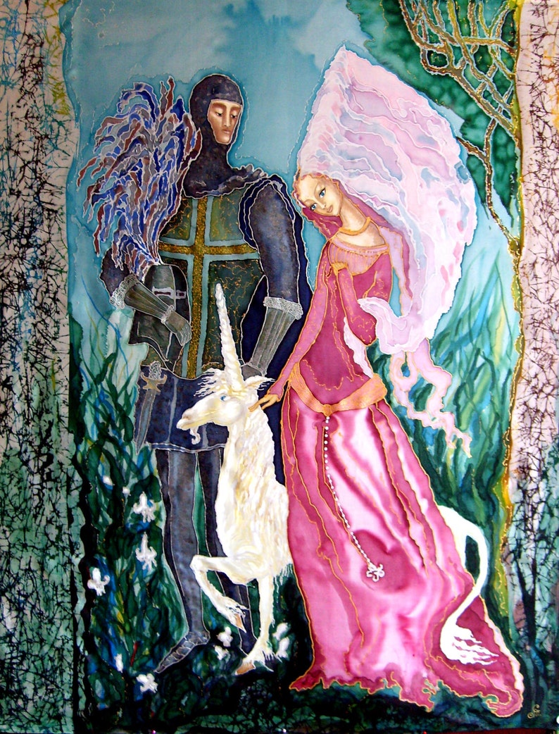 Original Silk batik handpainted painting Virgin and Unicorn. image 1