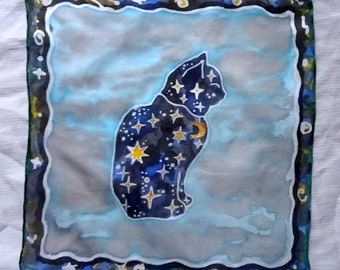 Silk Original batik handpainting handkerchief  Cat from space .Ready to Ship