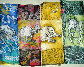 Silk Original batik handpainting handkerchief  Little Monsters Author's work.