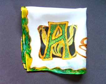 Silk Original batik handpainting handkerchief Art Nouveau  monogram initial "A" .Ready to Ship