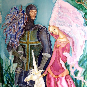 Original Silk batik handpainted painting Virgin and Unicorn. image 3