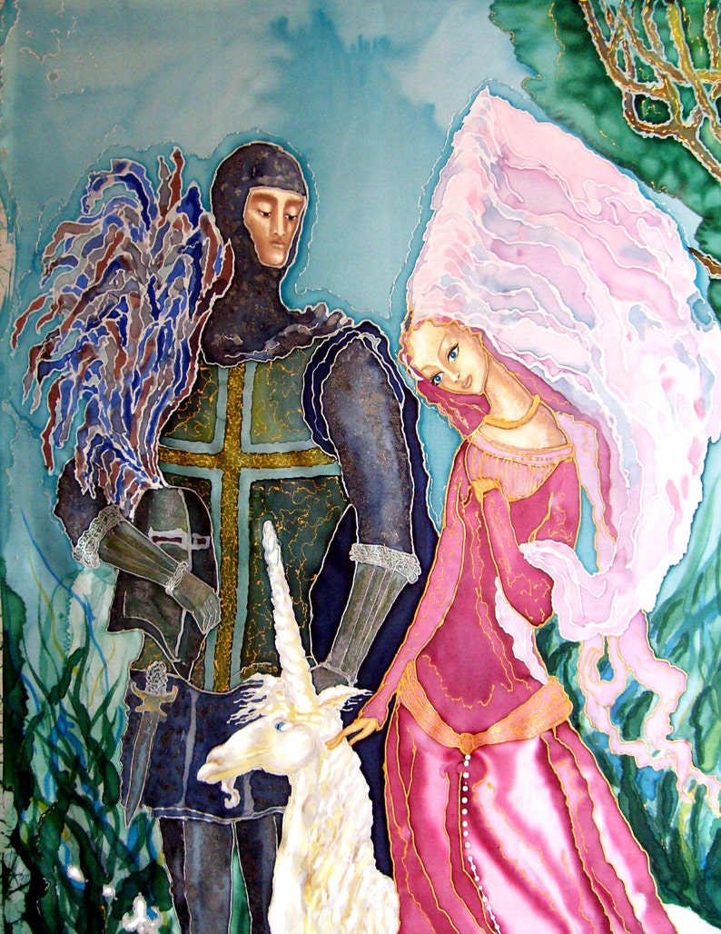 Original Silk batik handpainted painting Virgin and Unicorn. image 3