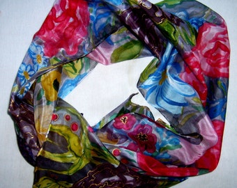 Handmade silk batik scarf  flowers in the garden Birthday Gift, Anniversary Gift. Bridesmaid Gift, Valentine Gift, Graduation Gift.