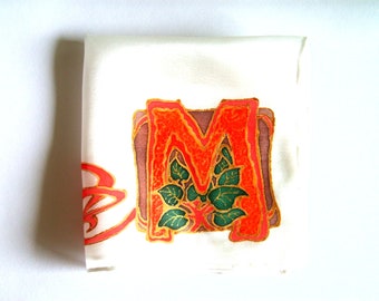 Silk Original batik handpainting handkerchief Art Nouveau  monogram initial "M" .Ready to Ship