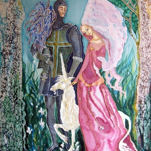 Original Silk batik handpainted painting Virgin and Unicorn. image 2