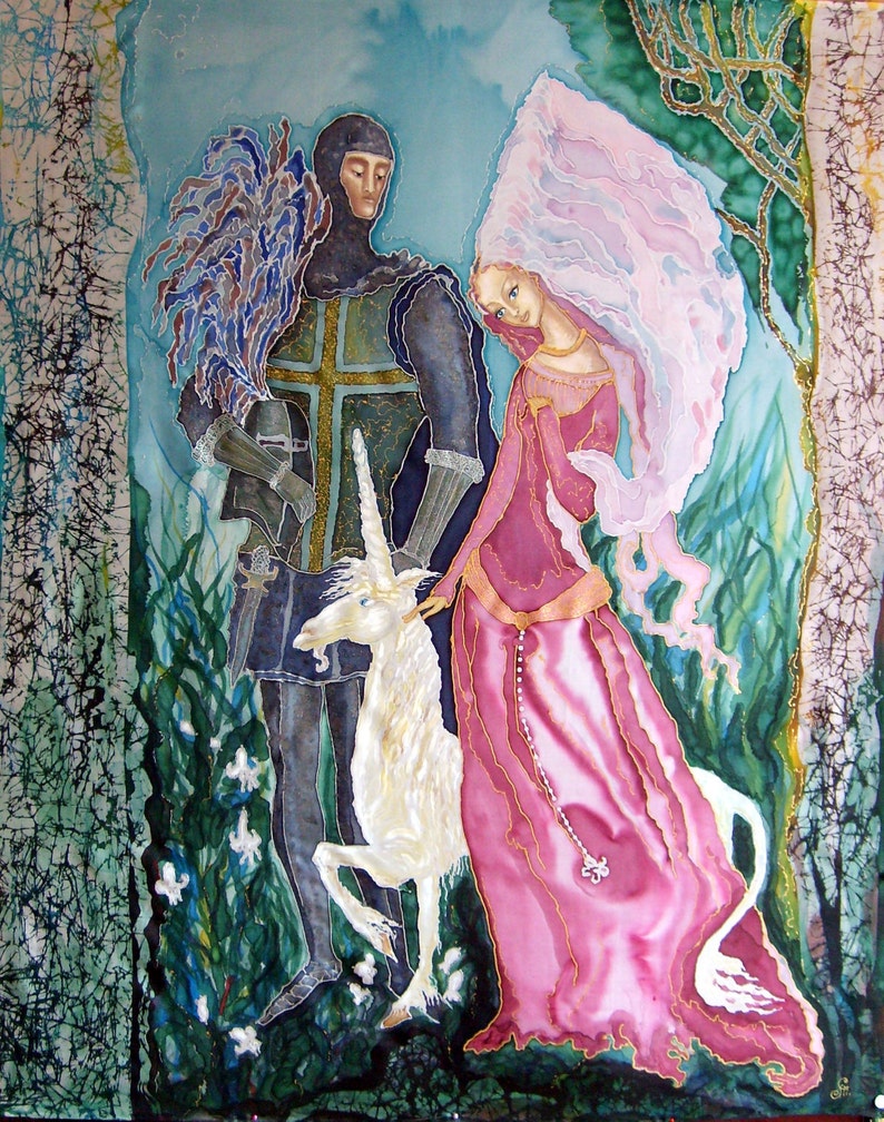Original Silk batik handpainted painting Virgin and Unicorn. image 2