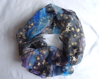 Hand Painted 100 % silk Chiffon batik scarf sky and stars.