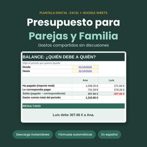 Pode incluir: Modelo digital de orçamento para casais e famílias em formato Excel e Google Sheets. A interface exibe uma folha de balanço intitulada 'BALANCE: ¿QUIÉN DEBE A QUIÉN?' com colunas para Ana e Luis, detalhando despesas, pagamentos e saldo.